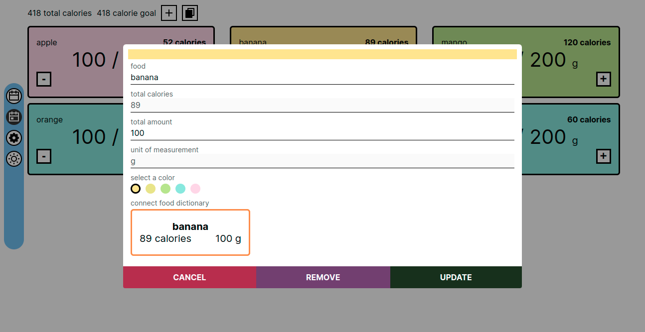 calorie tracker edit food block modal